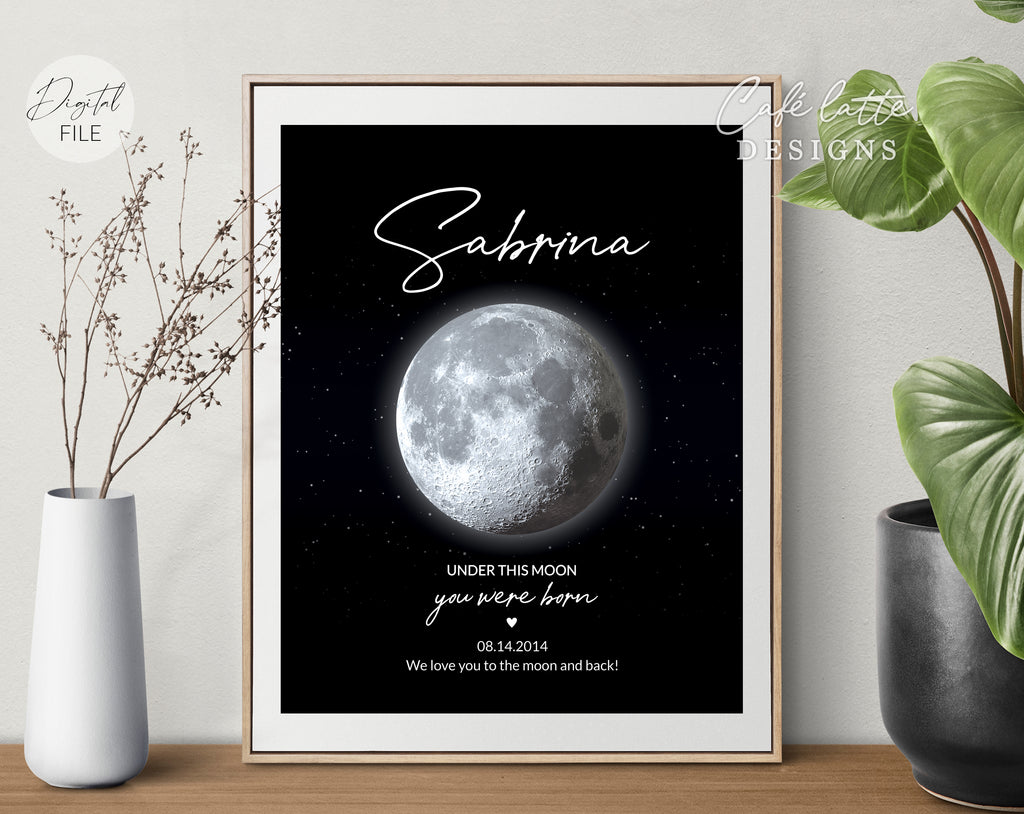 Custom Moon Phase Printable, Moon Phase Gift for baby, Newborn Thoughtful Gift, Personalized Digital Moon Phase Birthday Gift Print, Custom Moon Phase Card, First baby Gift printable poster for picture frame, Childs birthday in moon phase original gift for baby newborn, Baby's Night sky poster printable gift, Under this moon you were born gift for new parents