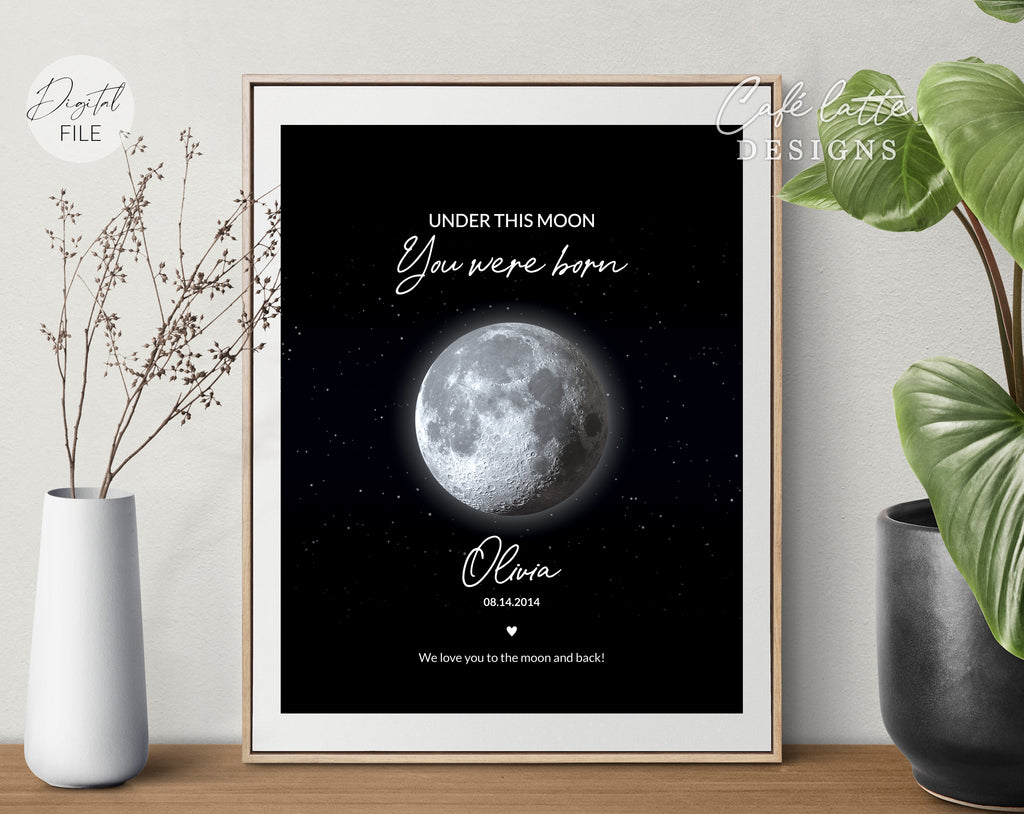 Custom Moon Phase Printable, Moon Phase Gift for baby, Newborn Thoughtful Gift, Personalized Digital Moon Phase Birthday Gift Print, Custom Moon Phase Card, First baby Gift printable poster for picture frame, Childs birthday in moon phase original gift for baby newborn, Baby's Night sky poster printable gift, Under this moon you were born gift for new parents