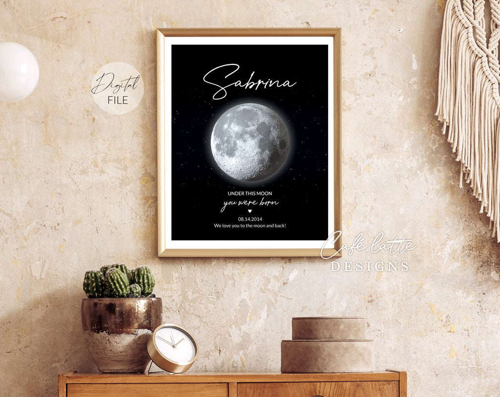 Custom Moon Phase Printable, Moon Phase Gift for baby, Newborn Thoughtful Gift, Personalized Digital Moon Phase Birthday Gift Print, Custom Moon Phase Card, First baby Gift printable poster for picture frame, Childs birthday in moon phase original gift for baby newborn, Baby's Night sky poster printable gift, Under this moon you were born gift for new parents