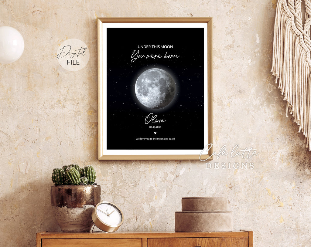 Custom Moon Phase Printable, Moon Phase Gift for baby, Newborn Thoughtful Gift, Personalized Digital Moon Phase Birthday Gift Print, Custom Moon Phase Card, First baby Gift printable poster for picture frame, Childs birthday in moon phase original gift for baby newborn, Baby's Night sky poster printable gift, Under this moon you were born gift for new parents