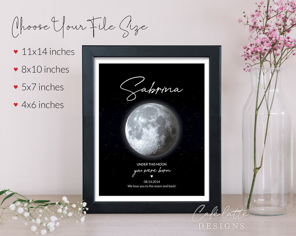 Custom Moon Phase Printable, Moon Phase Gift for baby, Newborn Thoughtful Gift, Personalized Digital Moon Phase Birthday Gift Print, Custom Moon Phase Card, First baby Gift printable poster for picture frame, Childs birthday in moon phase original gift for baby newborn, Baby's Night sky poster printable gift, Under this moon you were born gift for new parents