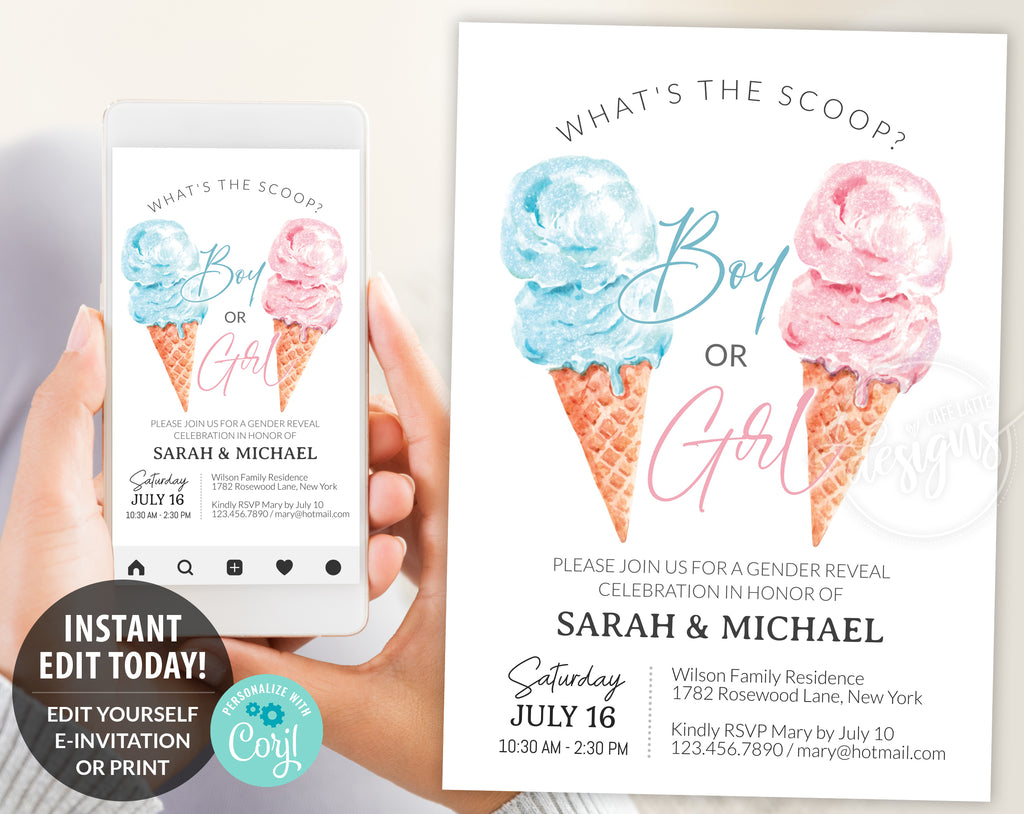 Whats the scoop boy or girl gender reveal invitation editable template, Ice cream gender reveal printable invite, Blue or pink ice cream summer gender reveal party digital invitation