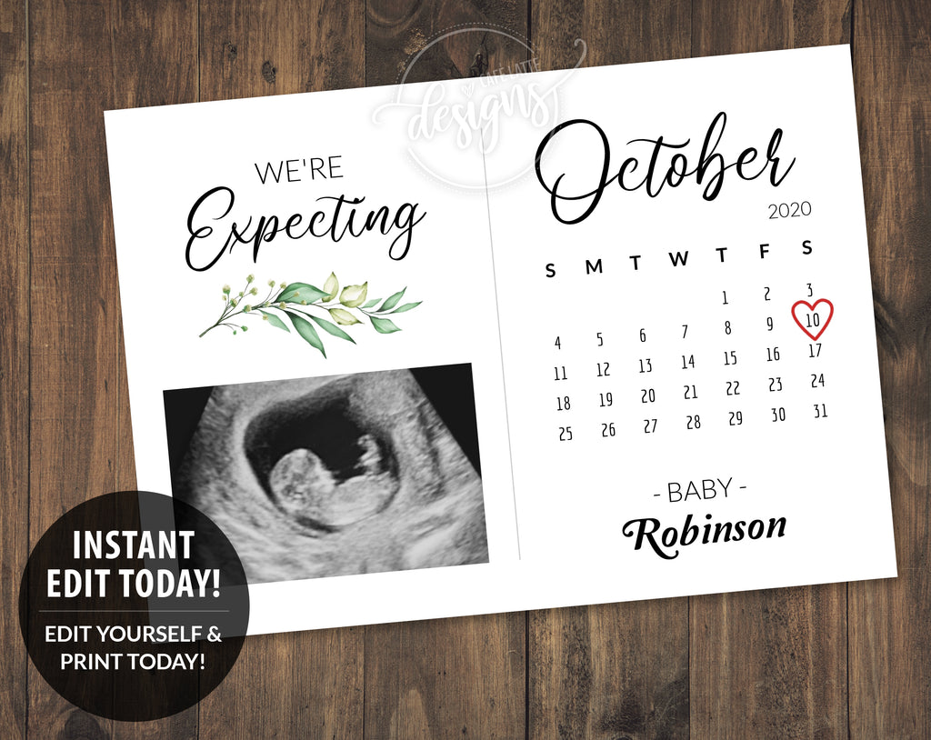 Baby Announcement Printable Card with due date calendar