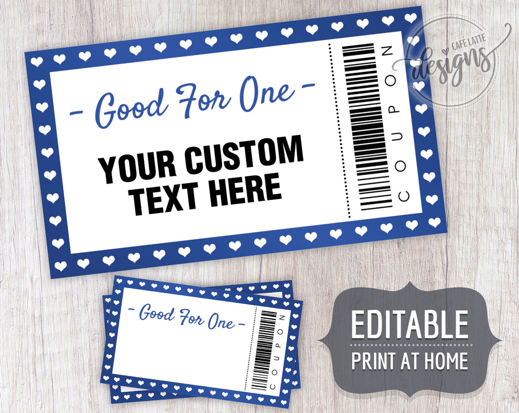 Valentine's Day Coupons blue hearts, Editable Coupon Template