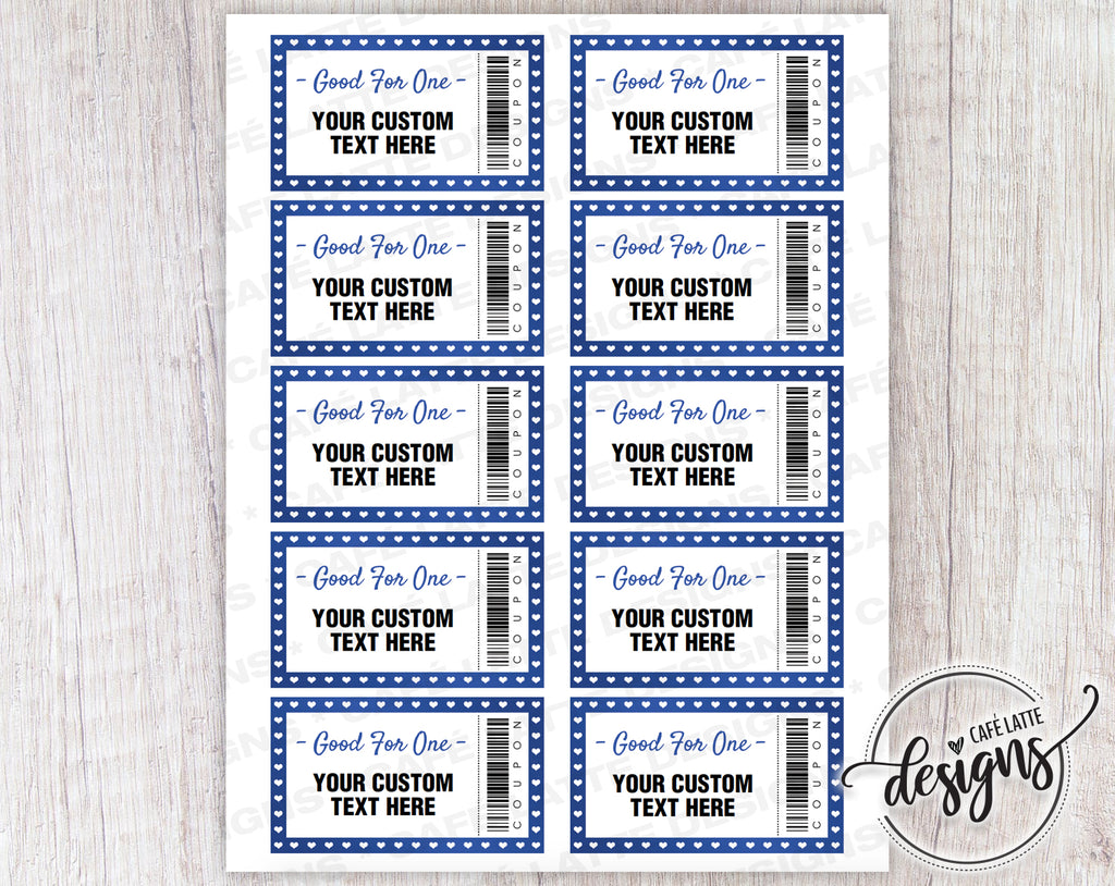 Valentine's Day Coupons blue hearts, Editable Coupon Template