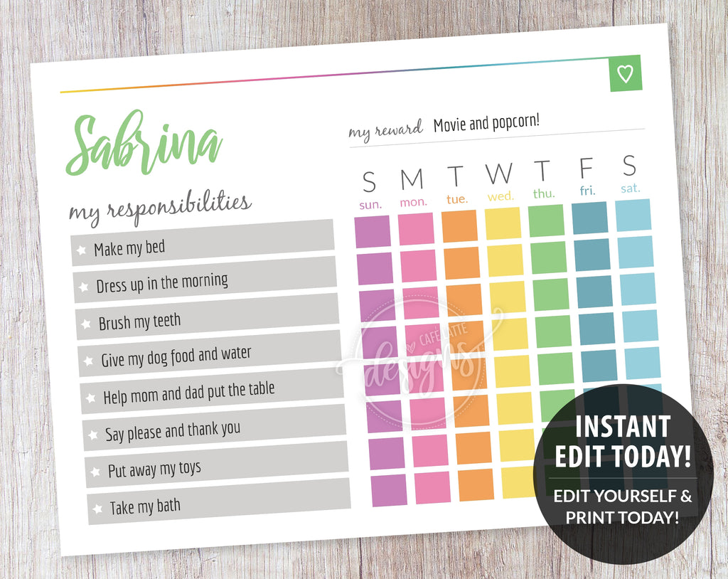 Chore Charts for Kids, Rainbow Reward Chart Printable Editable Template