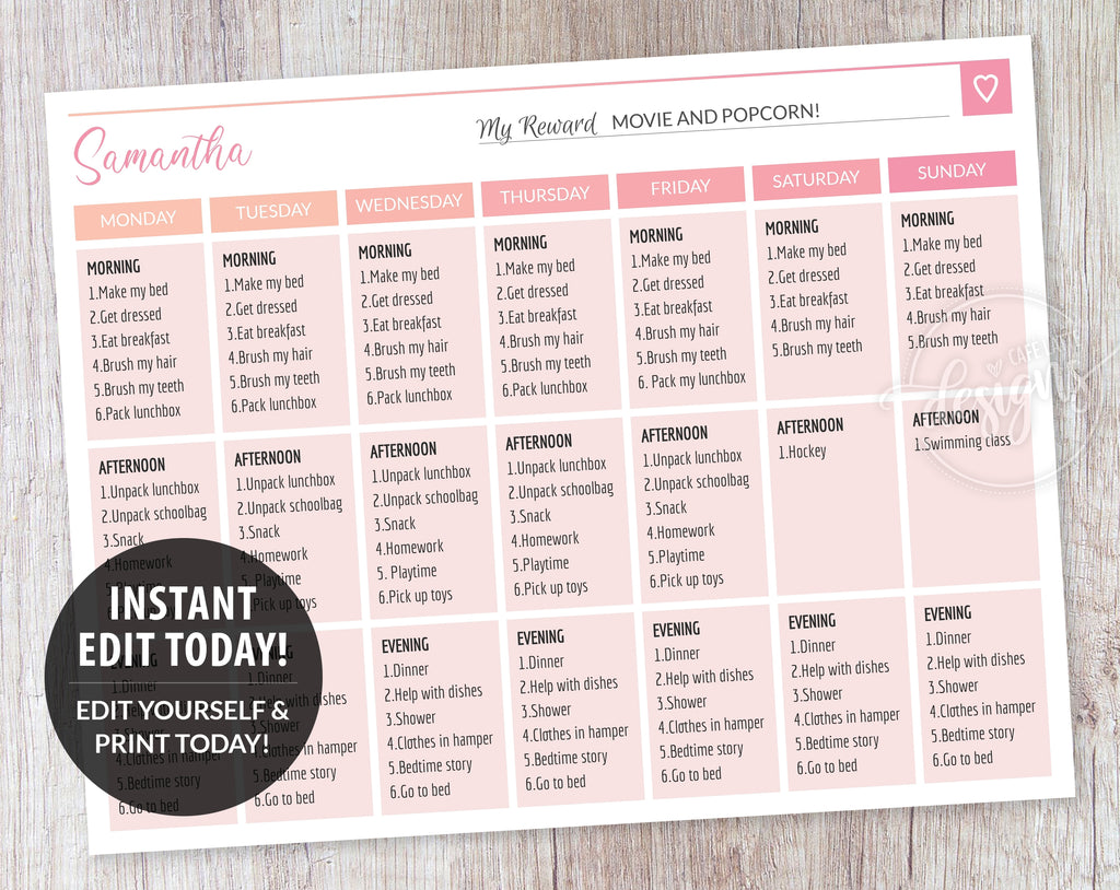 Routine Charts for Teens Kids, Pink Weekly Planner Printable Editable Template