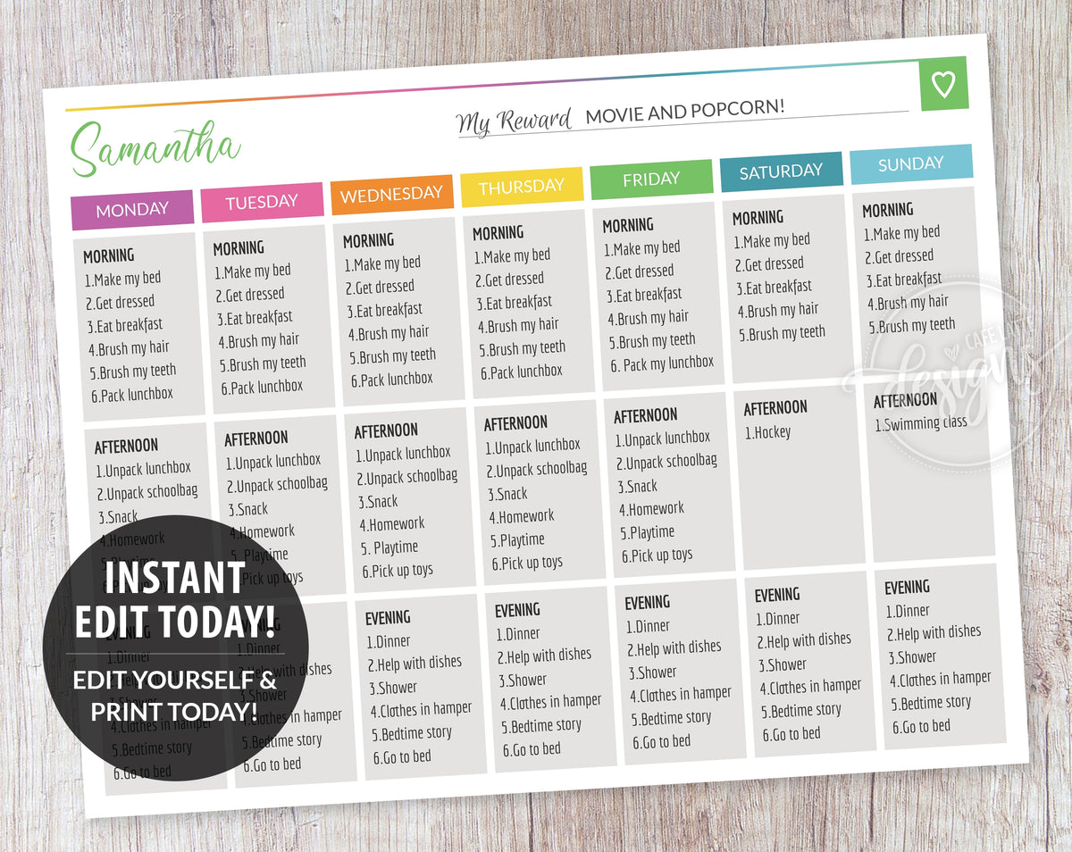 Routine Charts for Teens Kids, Rainbow Weekly Planner Printable Editab ...
