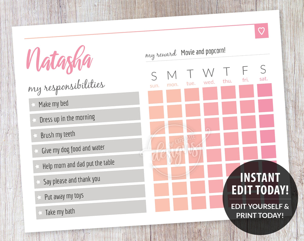 Chore Charts for Kids, Pink Reward Chart Printable Editable Template
