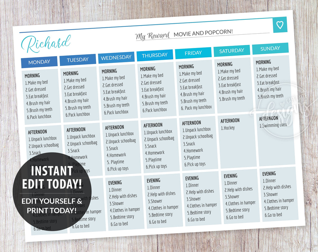 Routine Charts for Teens Kids, Blue Weekly Planner Printable Editable Template