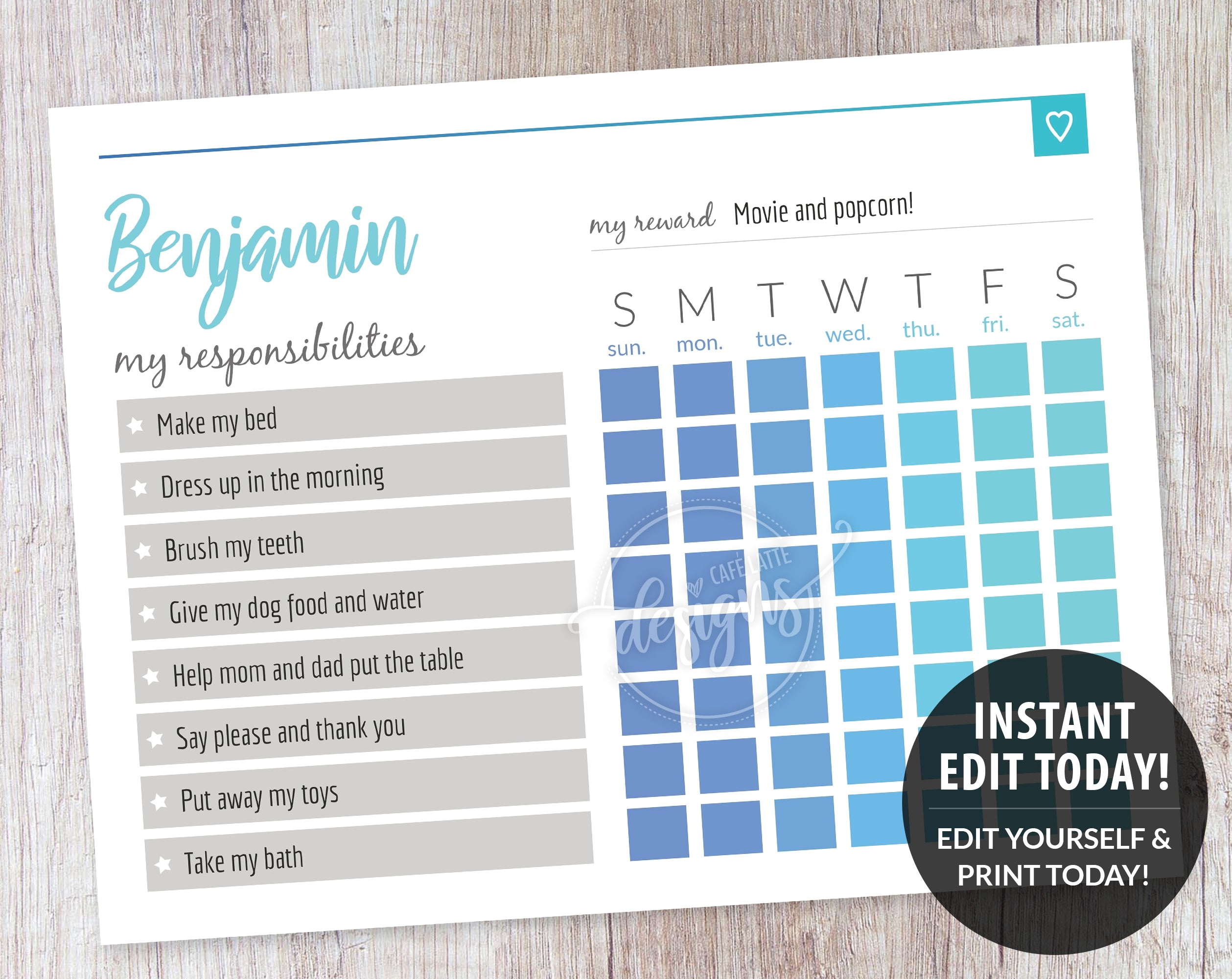 Chore Charts for Kids, Blue Reward Chart Printable Editable Template – Café  Latte Designs