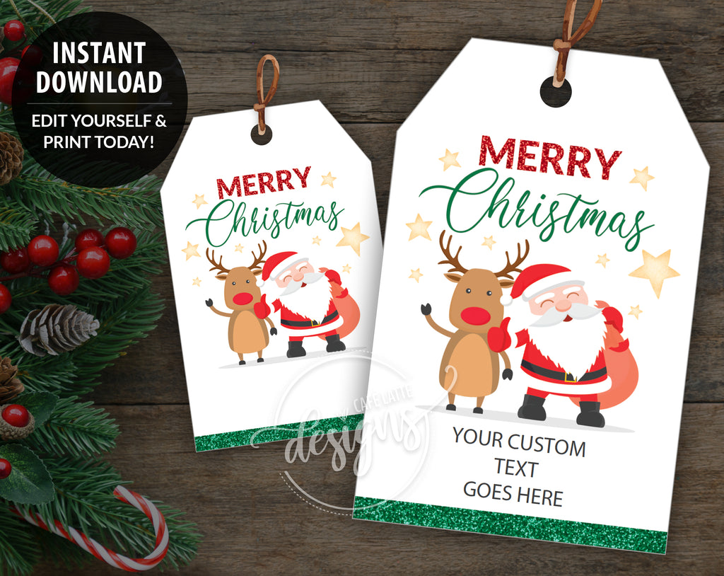 Christmas Gift Tags with Santa & Rudolph, Printable Editable, School Teacher Kids