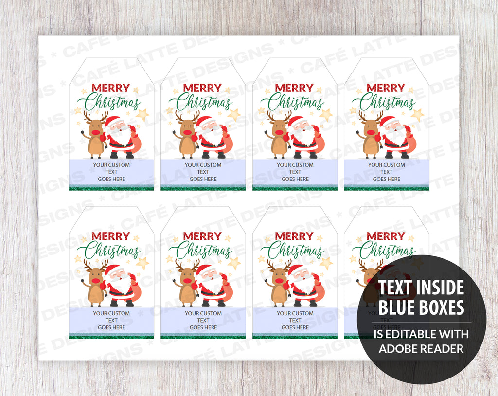 Christmas Gift Tags with Santa & Rudolph, Printable Editable, School Teacher Kids