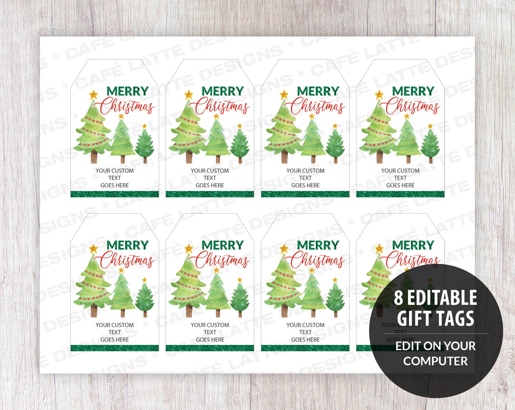 Merry Christmas Gift Tags with Trees Editable Printable Instant Download