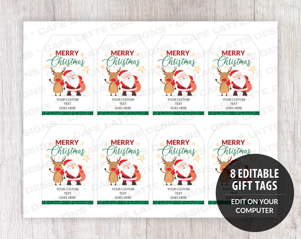 Christmas Gift Tags with Santa & Rudolph, Printable Editable, School Teacher Kids