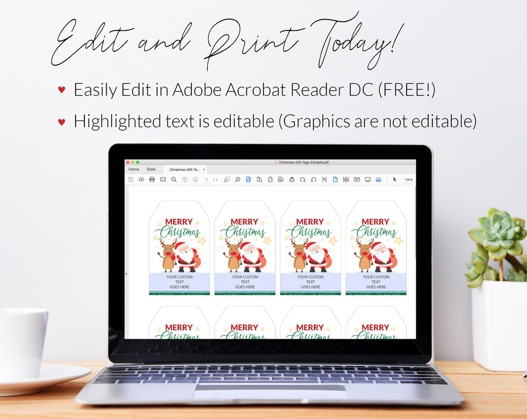 Christmas Gift Tags with Santa & Rudolph, Printable Editable, School Teacher Kids