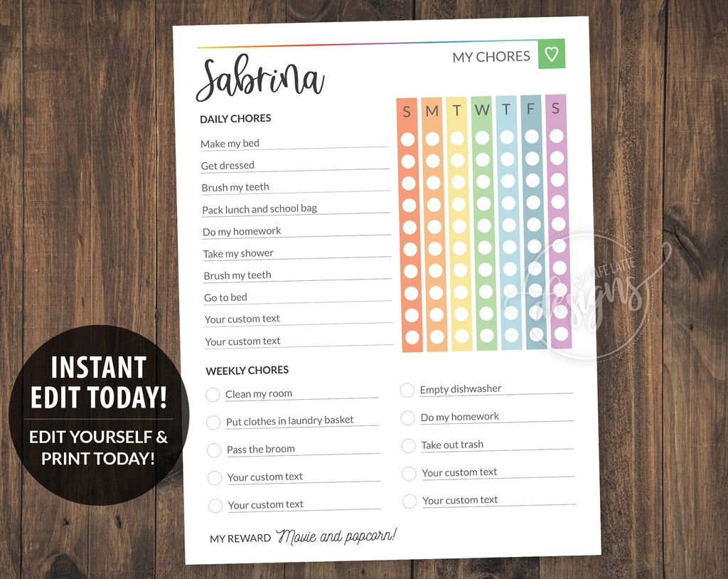 Chore List Template for Teens Kids, Rainbow Responsibility Chart Printable Editable Template