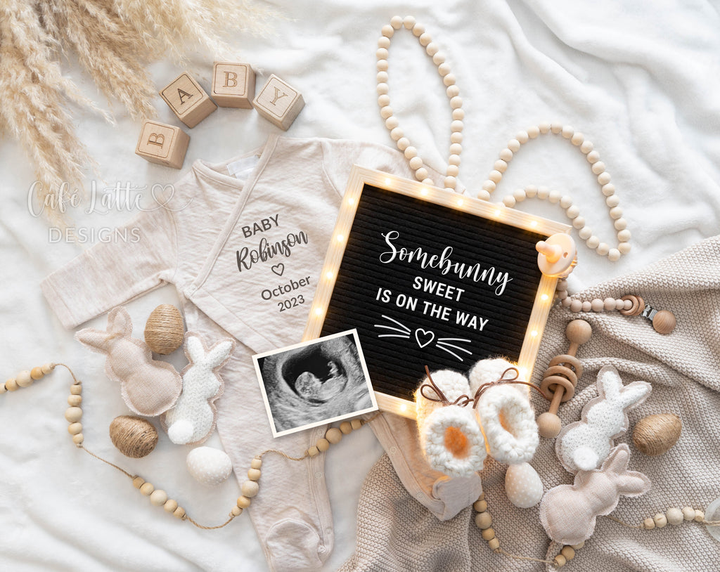 Easter baby announcement digital reveal for social media, Easter pregnancy announcement digital image with boho bunny ears, bunnies, eggs and letter board, Somebunny Sweet Is On The Way