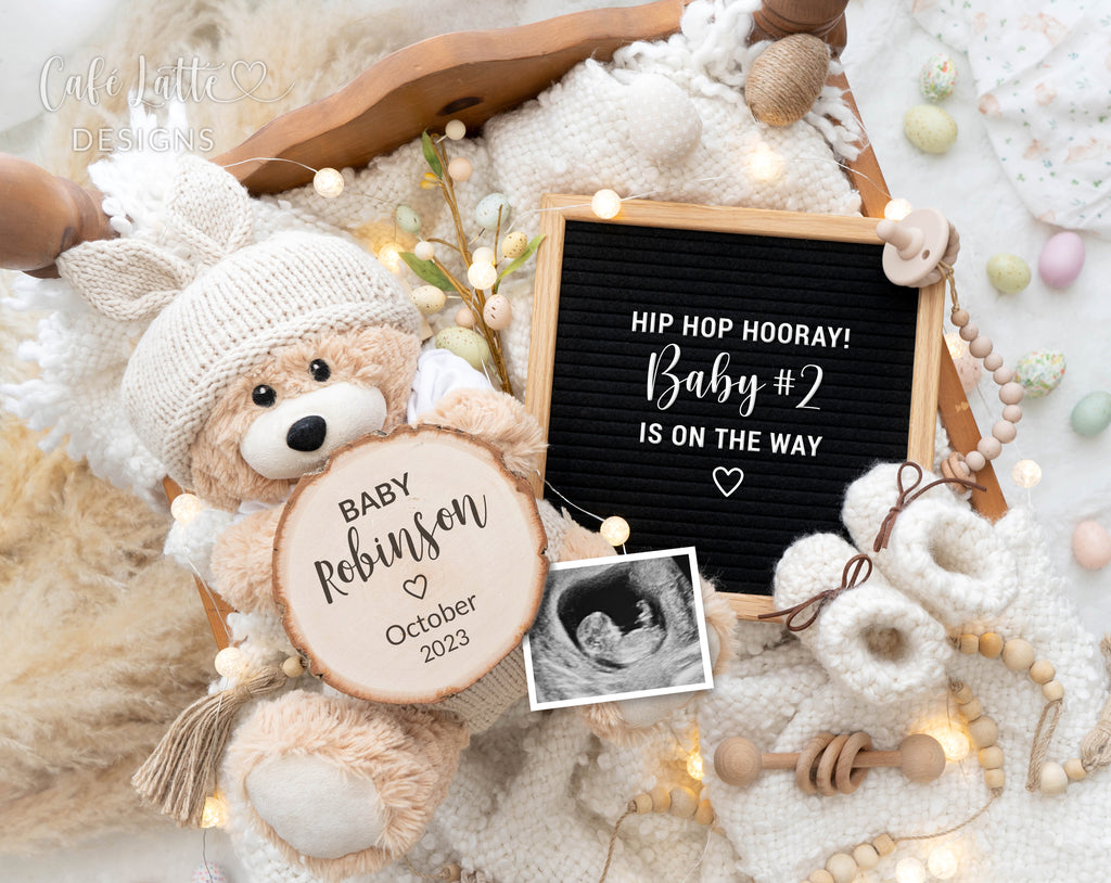 Easter Baby Announcement Digital Reveal For Social Media, Easter Pregnancy Announcement Digital Image With Bear Wearing Bunny Ears, Eggs, Vintage Wood Cradle and Letter Board, Hip Hop Hooray Baby 2 Is On The Way
