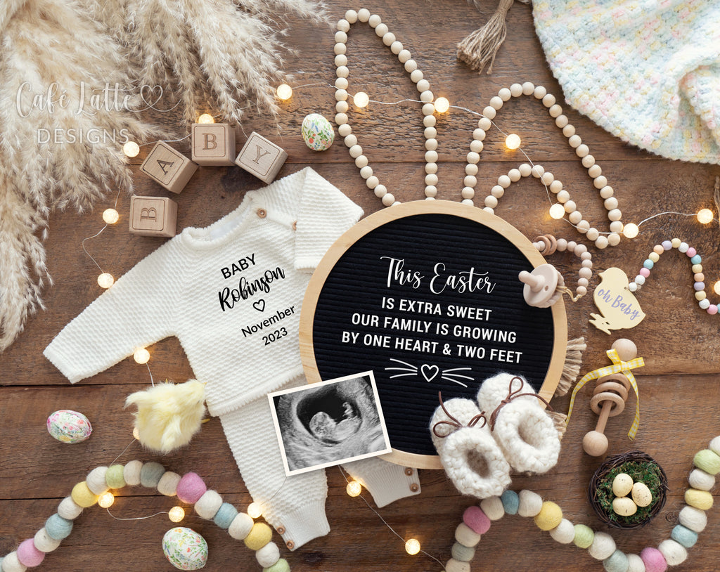 Easter pregnancy announcement digital reveal for social media, Easter baby announcement digital boho image with knitted outfit, pampas, bunny ears, Easter eggs, chick and circle letter board, Easter is extra sweet family is growing one heart two feet