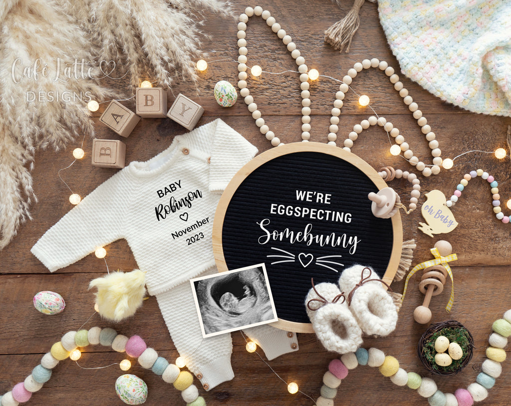 Easter pregnancy announcement digital reveal for social media, Easter baby announcement digital boho image with knitted outfit, pampas, bunny ears, Easter eggs, chick and circle letter board, Eggspecting Somebunny