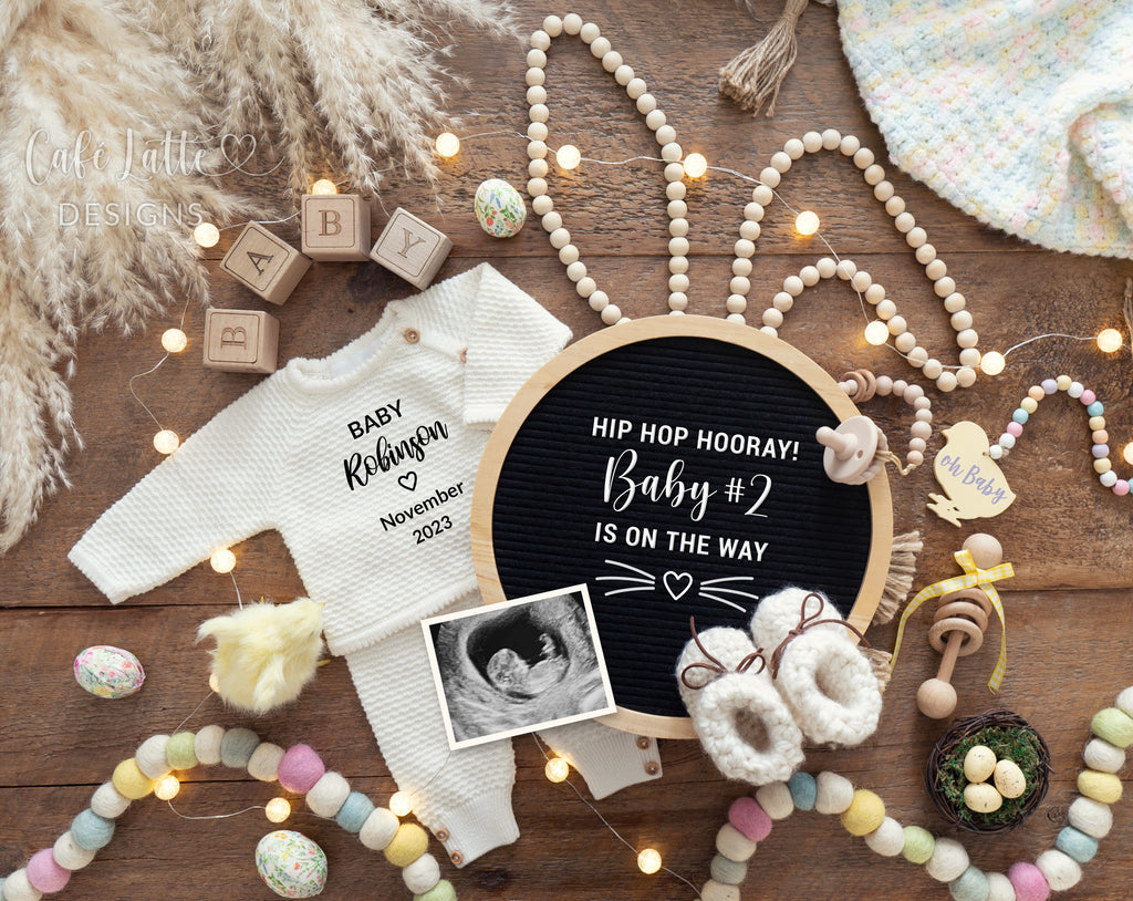 Easter pregnancy announcement digital reveal for social media, Easter baby announcement digital boho image with knitted outfit, pampas, bunny ears, Easter eggs, chick and circle letter board, Hip Hop Hooray Baby 2 is on the way