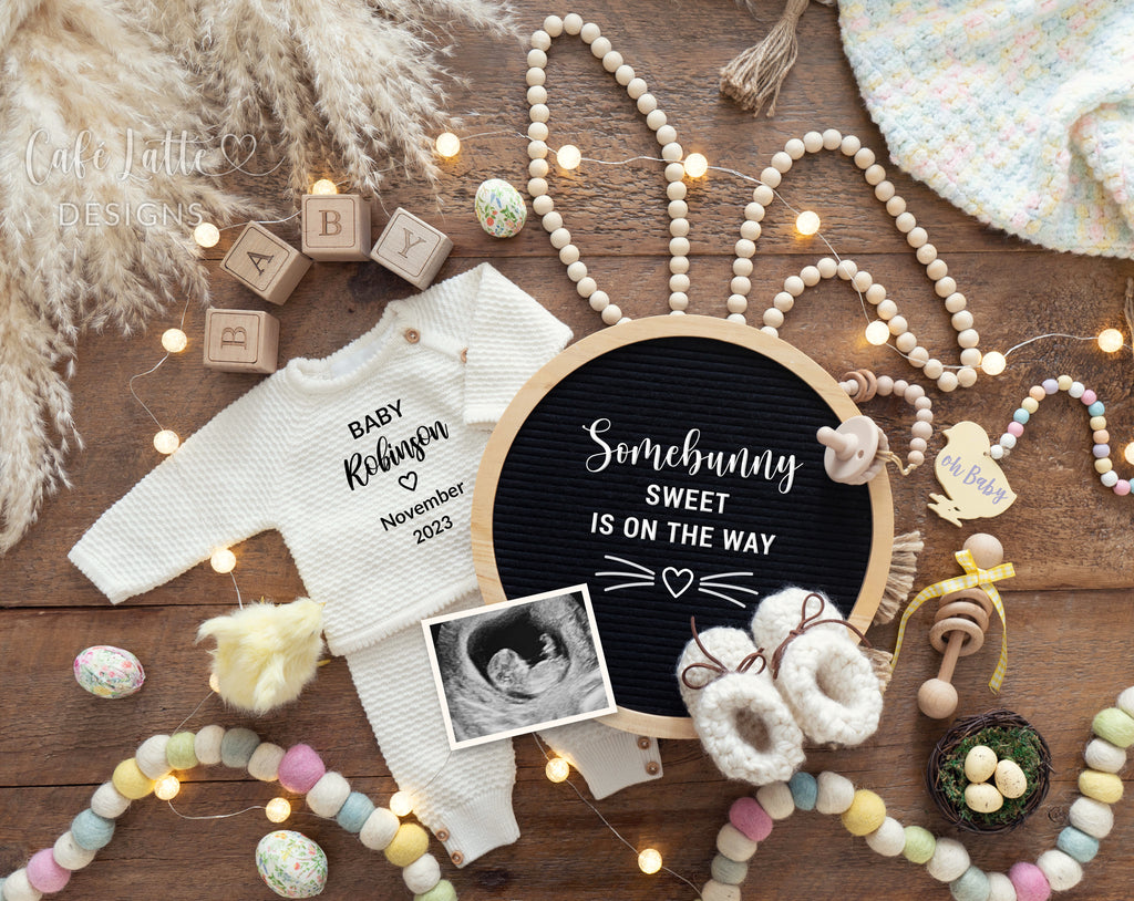 Easter pregnancy announcement digital reveal for social media, Easter baby announcement digital boho image with knitted outfit, pampas, bunny ears, Easter eggs, chick and circle letter board, Somebunny sweet is on the way