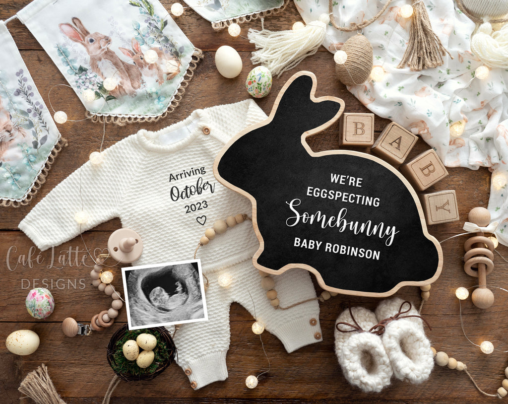 Easter pregnancy announcement digital reveal for social media, Easter baby announcement boho image with knitted outfit, bunny rabbit chalkboard, Easter eggs and vintage bunny banner, we are eggspecting somebunny, gender neutral Easter announcement