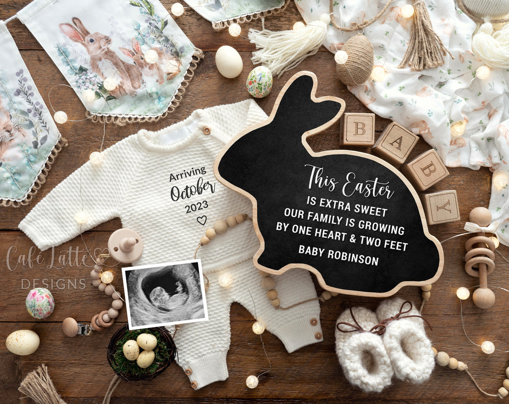 Easter pregnancy announcement digital reveal for social media, Easter baby announcement boho image with knitted outfit, bunny rabbit chalkboard, Easter eggs and vintage bunny banner, Easter is extra sweet our family is growing by one heart and two feet, gender neutral Easter announcement