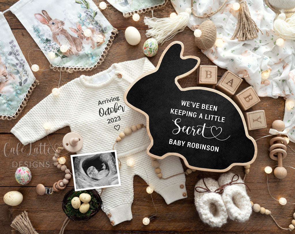 Easter pregnancy announcement digital reveal for social media, Easter baby announcement boho image with knitted outfit, bunny rabbit chalkboard, Easter eggs and vintage bunny banner, keeping a little secret, gender neutral Easter announcement