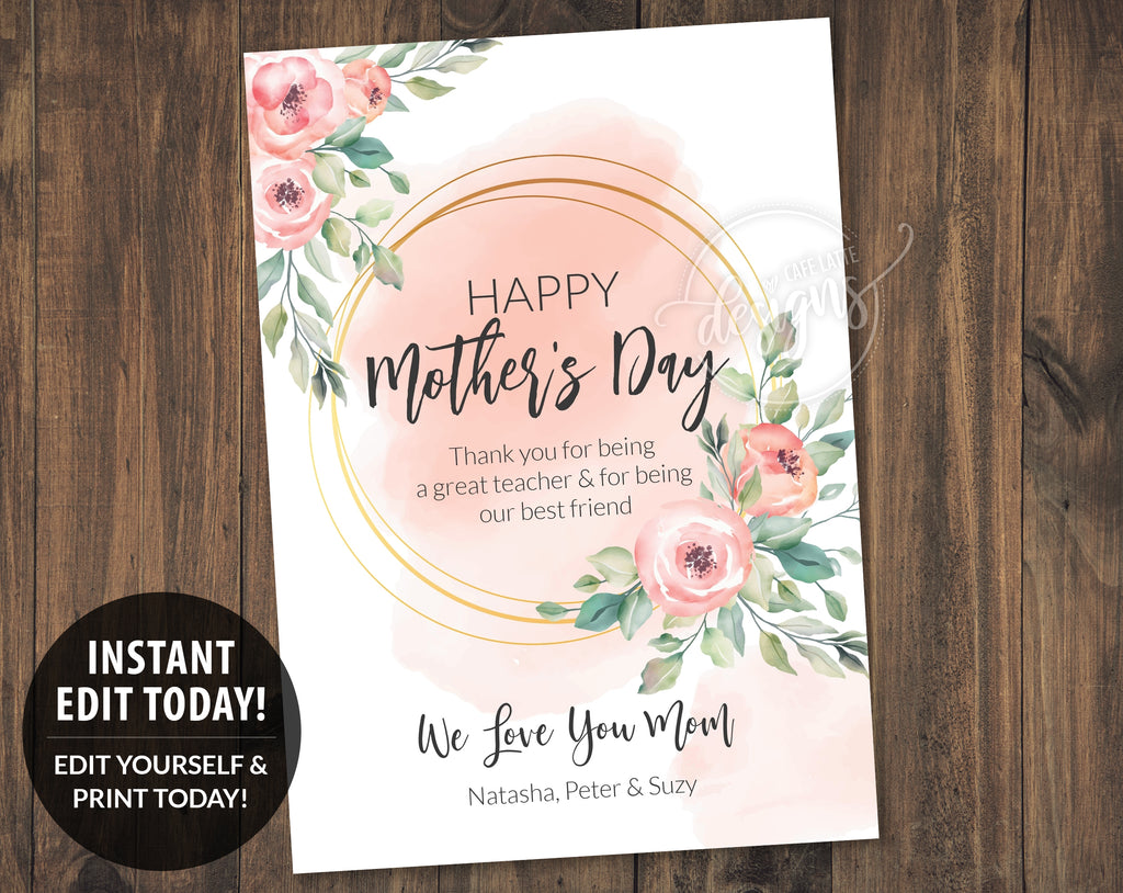 Happy Mother's Day Printable Editable Card for Mom with Peony Flowers