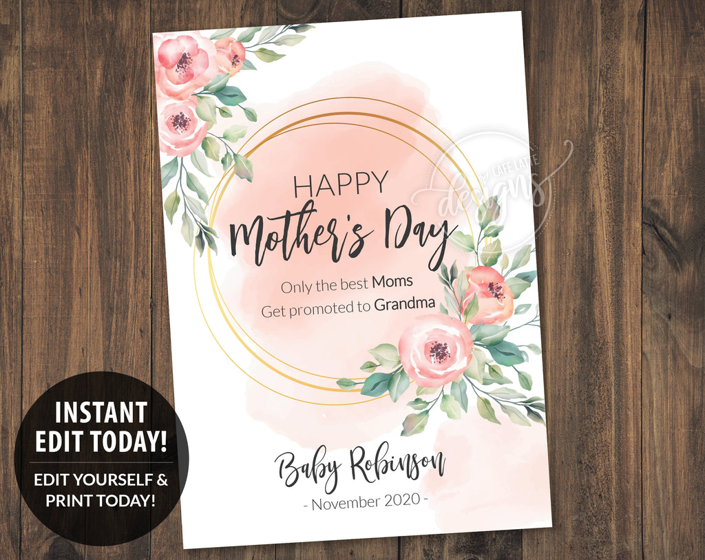 Mothers Day Baby Announcement Card Peony Flowers