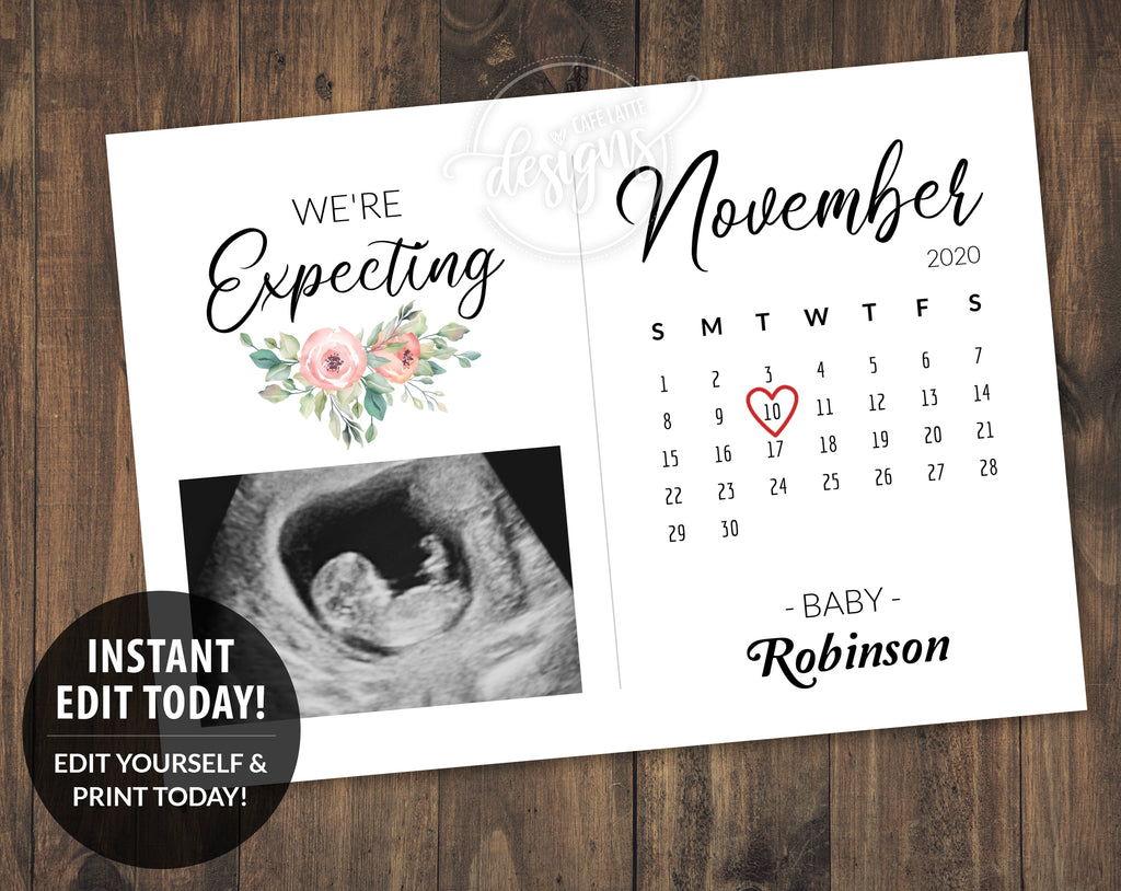 Baby Announcement Printable Card with due date calendar and peony flowers