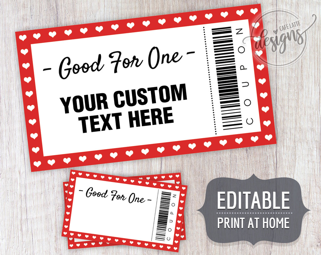 Valentine's Day Coupons red hearts, Editable Coupon Template