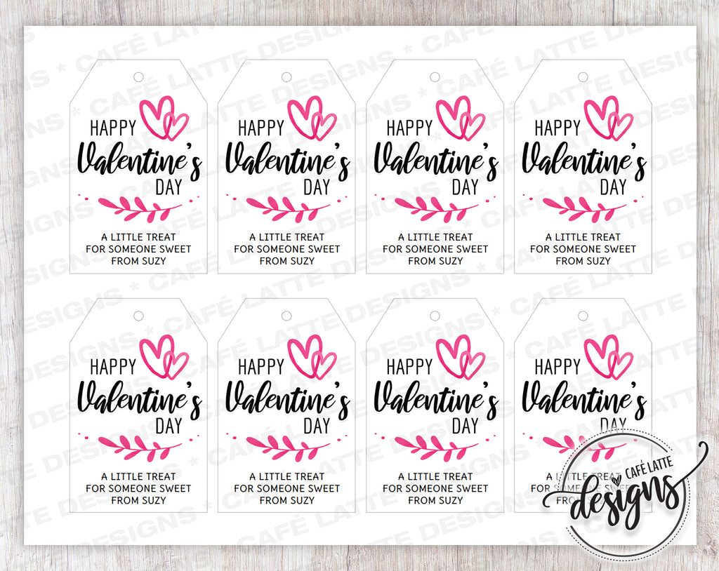 Valentine's Day Gift Tags with Pink Hearts, Printable Editable, School Teacher Kids