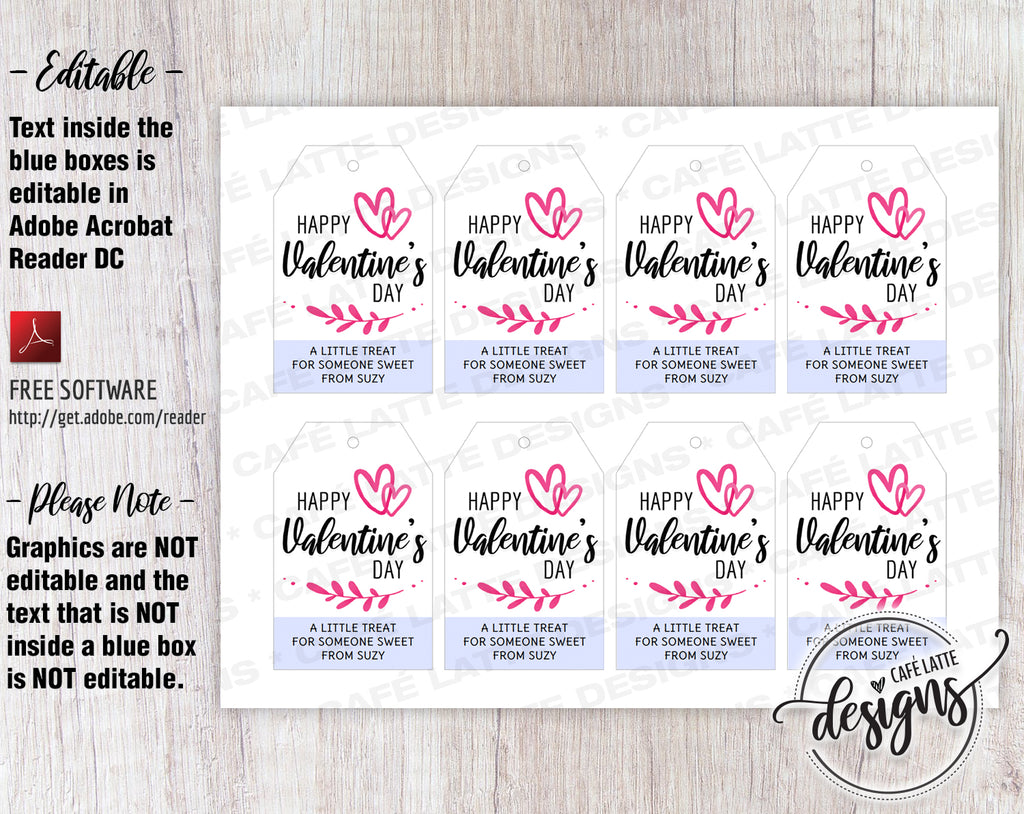 Valentine's Day Gift Tags with Pink Hearts, Printable Editable, School Teacher Kids