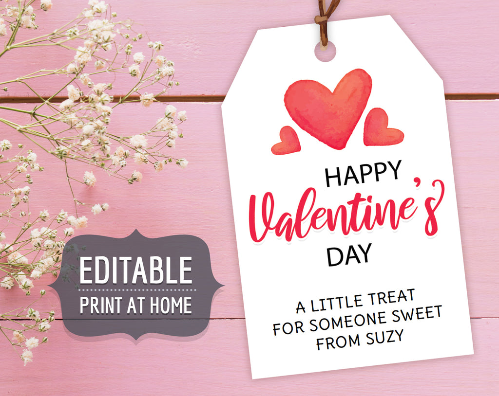Valentine's Day Gift Tags with Red Hearts, Printable Editable, School Teacher Kids