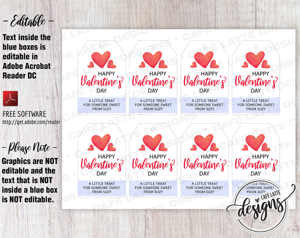 Valentine's Day Gift Tags with Red Hearts, Printable Editable, School Teacher Kids
