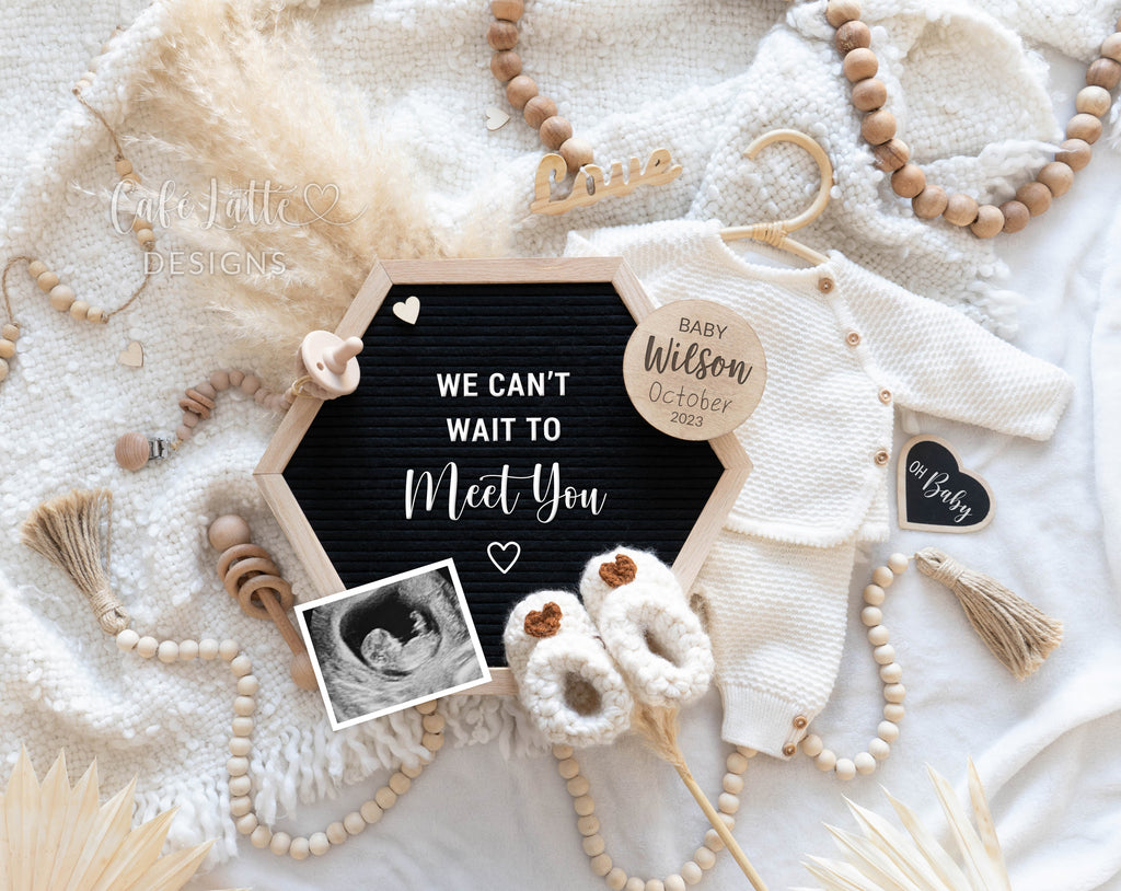 Pregnancy announcement digital reveal for social media, baby announcement digital boho gender neutral image with baby knitted outfit, pampas, hexagon letter board, We Cant Wait To Meet You