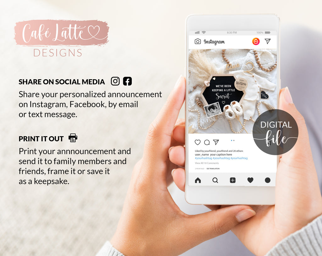 Pregnancy announcement digital reveal for social media, baby announcement digital boho gender neutral image with baby knitted outfit, pampas, hexagon letter board, Keeping A Little Secret