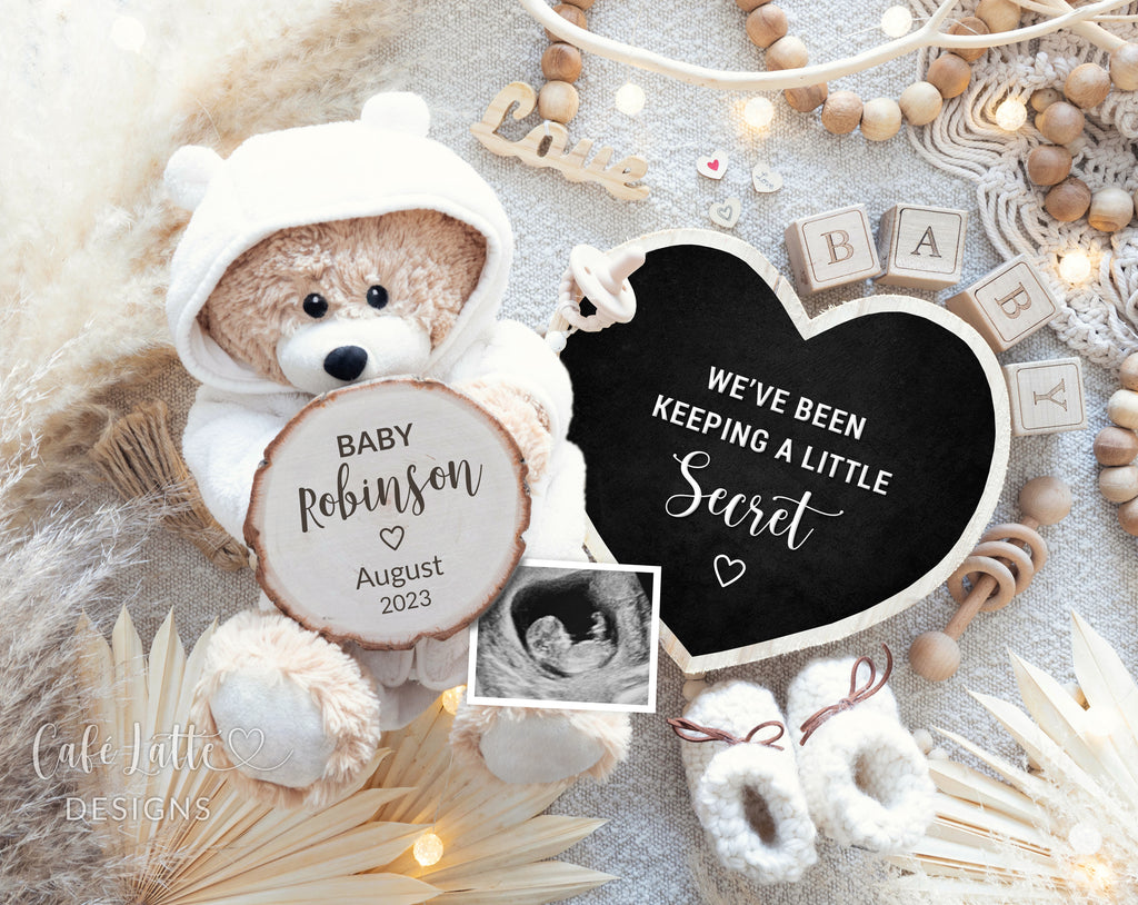 Pregnancy Announcement Digital Reveal For Social Media, Baby Announcement Gender Neutral Digital Boho Image with Bear, Heart Chalkboard and Pampas, We Have Been Keeping A Little Secret