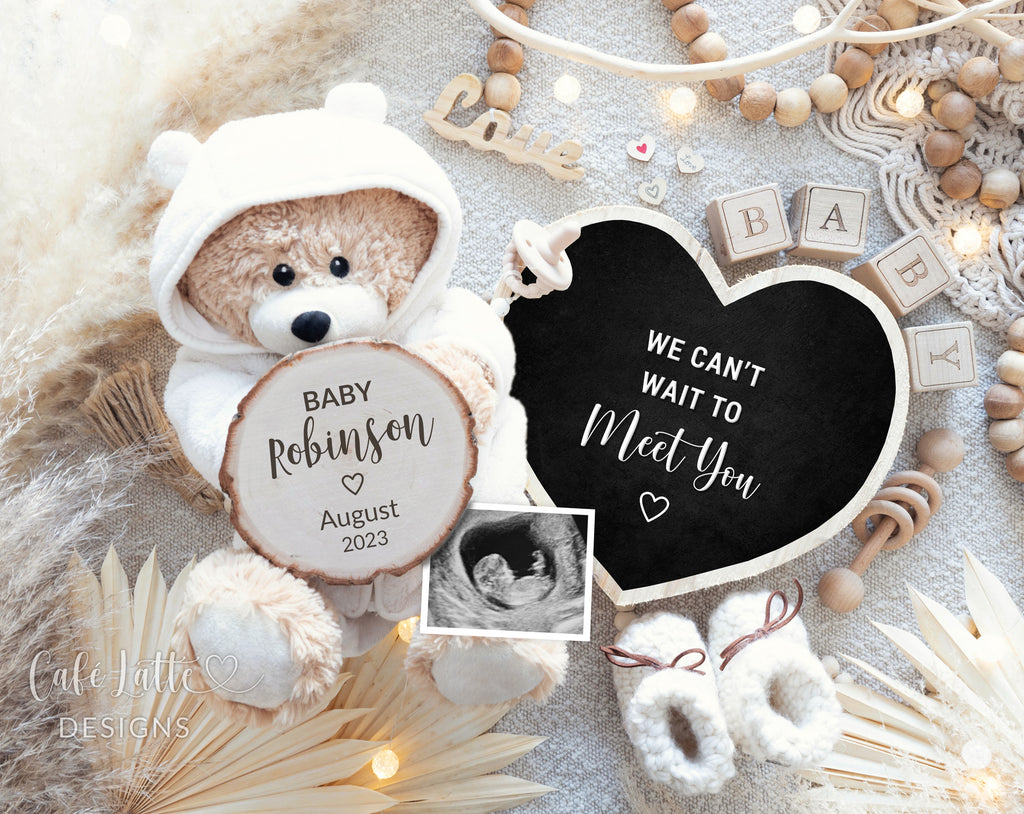 Pregnancy Announcement Digital Reveal For Social Media, Baby Announcement Gender Neutral Digital Boho Image with Bear, Heart Chalkboard and Pampas, We Cant Wait To Meet You