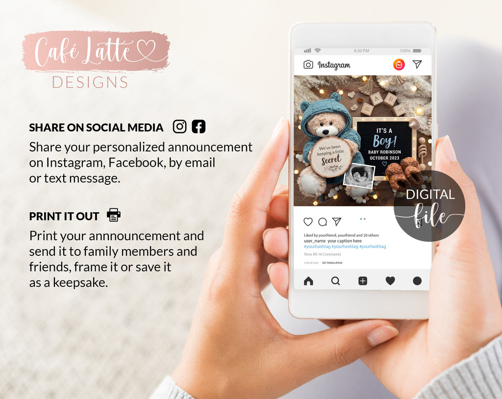 Boy gender reveal for social media, boho boy baby announcement digital image with teddy bear wearing blue outfit, letter board and pampas, its a boy, keeping a little secret