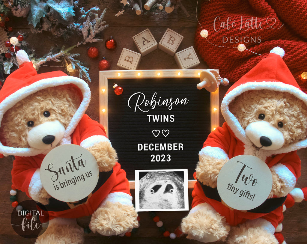 Twins Christmas Pregnancy Announcement Social Media, Letter Board Santa Bringing Two Gifts, No More Silent Nights Digital Twin Babies Reveal