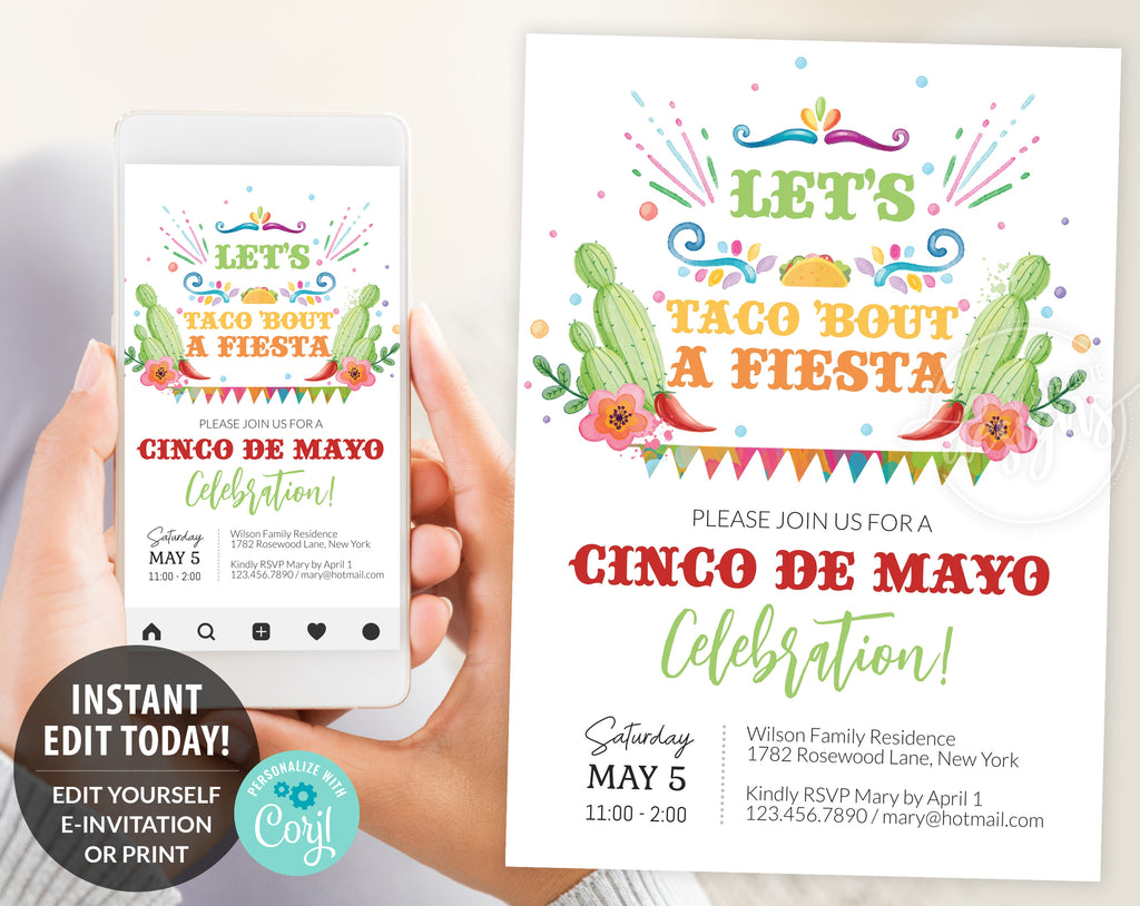 Editable Cinco de Mayo Fiesta Invitation, Lets Taco Bout Birthday Invite, Digital Template, Printable 5x7