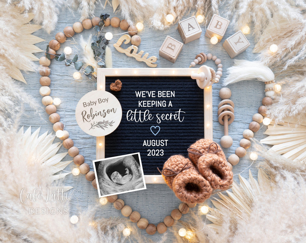 Boy baby gender reveal for social media, boy pregnancy announcement digital boho image with heart wood beads, pampas, flowers, letter board and blue baby props, we have been keeping a little secret, its a boy