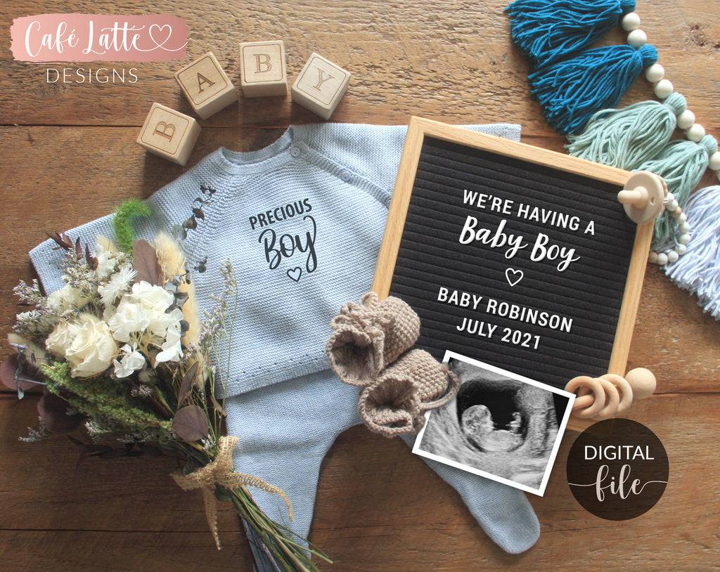 Digital Boy Pregnancy Announcement for Social Media, Its a Boy, Boho Spring Summer Baby Gender Reveal, Little Prince, Instagram Facebook