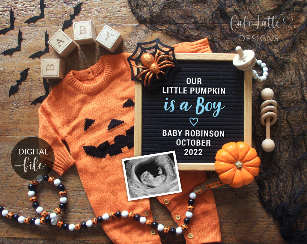 Digital Boy Halloween Gender Reveal for Social Media, October Pregnancy Announcement, Our Little Pumpkin is a Boy Letter Board