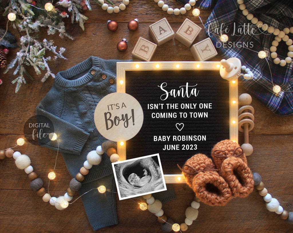 Digital Boy Christmas Gender Reveal Social Media, Its a Boy, Winter December Boho Letter Board Pregnancy Announcement, Reason To Be Merry