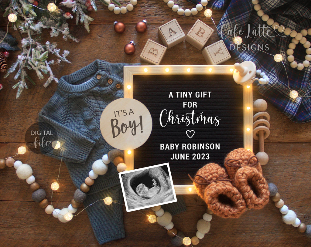 Digital Boy Christmas Gender Reveal Social Media, Its a Boy, Winter December Boho Letter Board Pregnancy Announcement, Reason To Be Merry